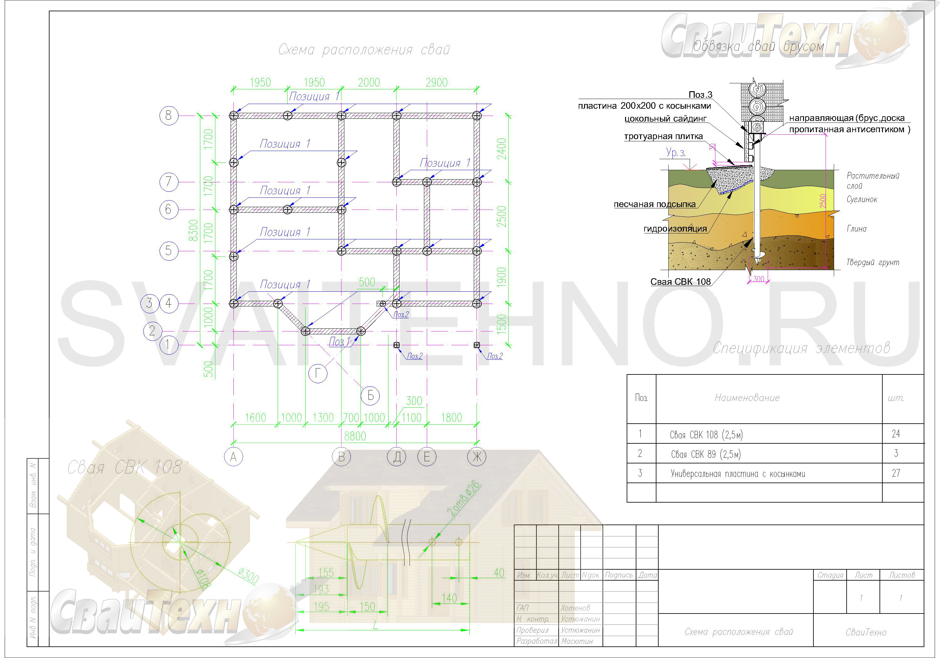 Схема расположения свай для фундамента одноэтажного дома с мансардой 