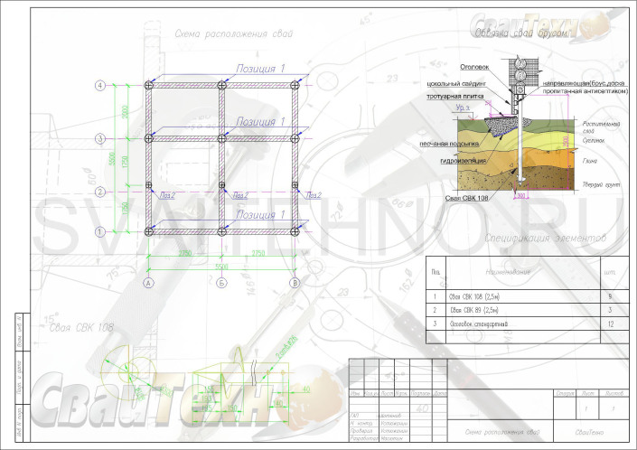 Схема расположения свай для строительства дома из оцилиндрованного бревна 220мм